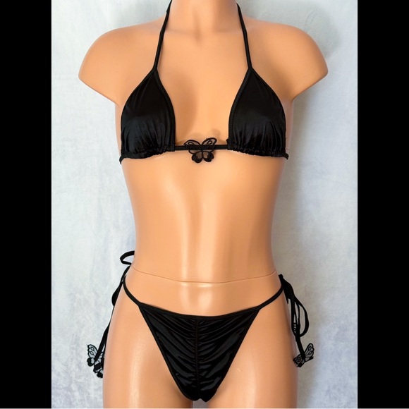 Black, Silky, Halter, Butterfly, Lingerie Set - Picture 1 of 6
